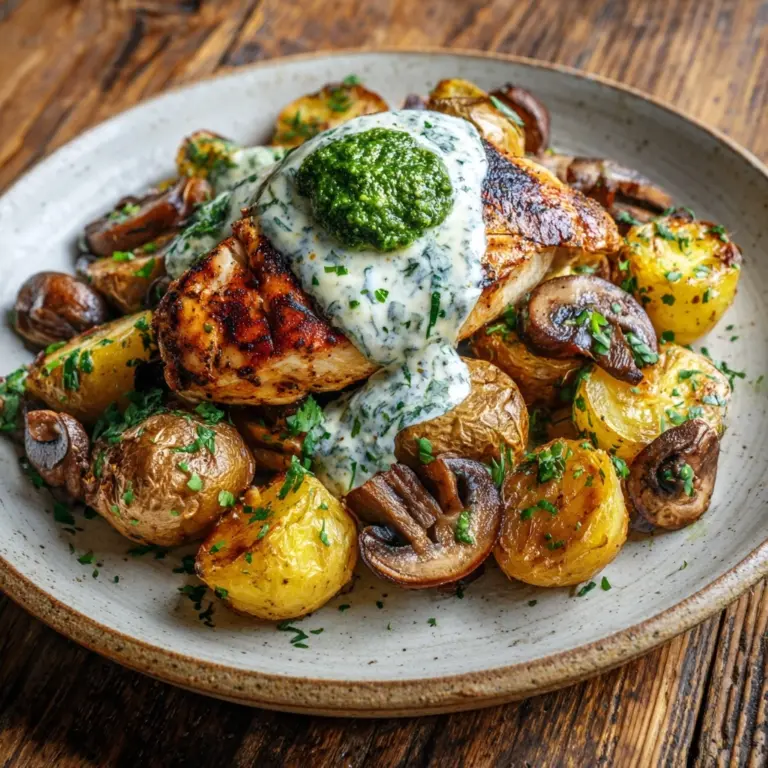 Creamy Garlic Mushroom Chicken Alfredo with Basil Pesto Potatoes Recipe