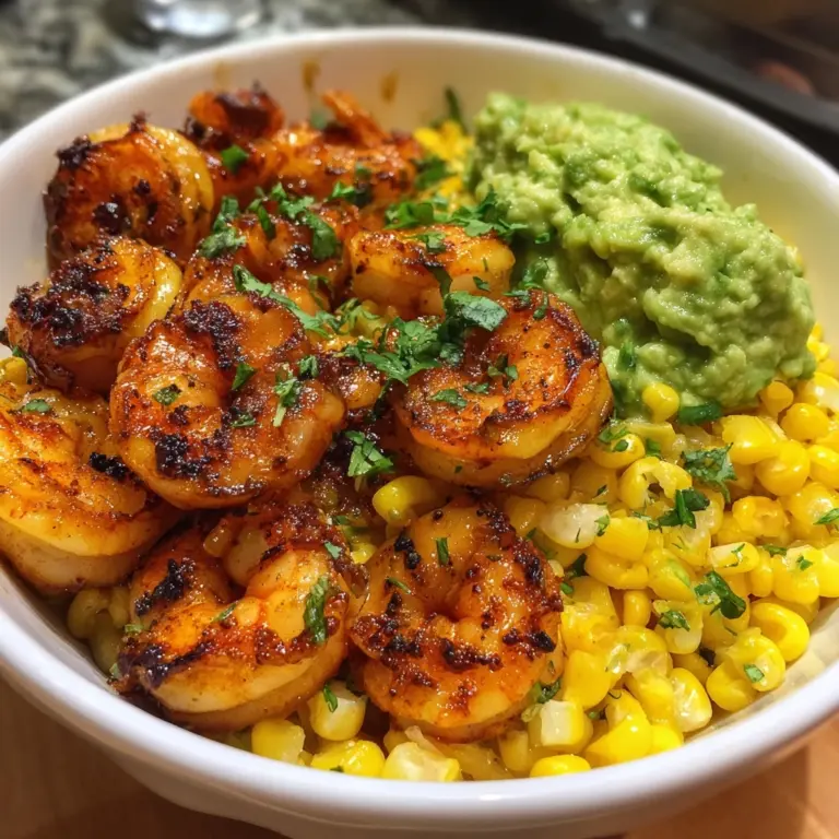Grilled Shrimp Bowl with Avocado, Corn Salsa & Creamy Sauce Recipe