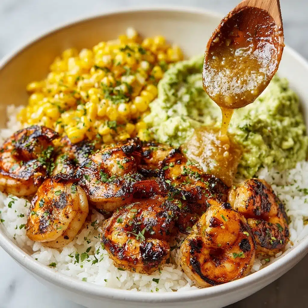 Grilled Shrimp Bowl with Avocado, Corn Salsa & Creamy Sauce Recipe - Recipe Image