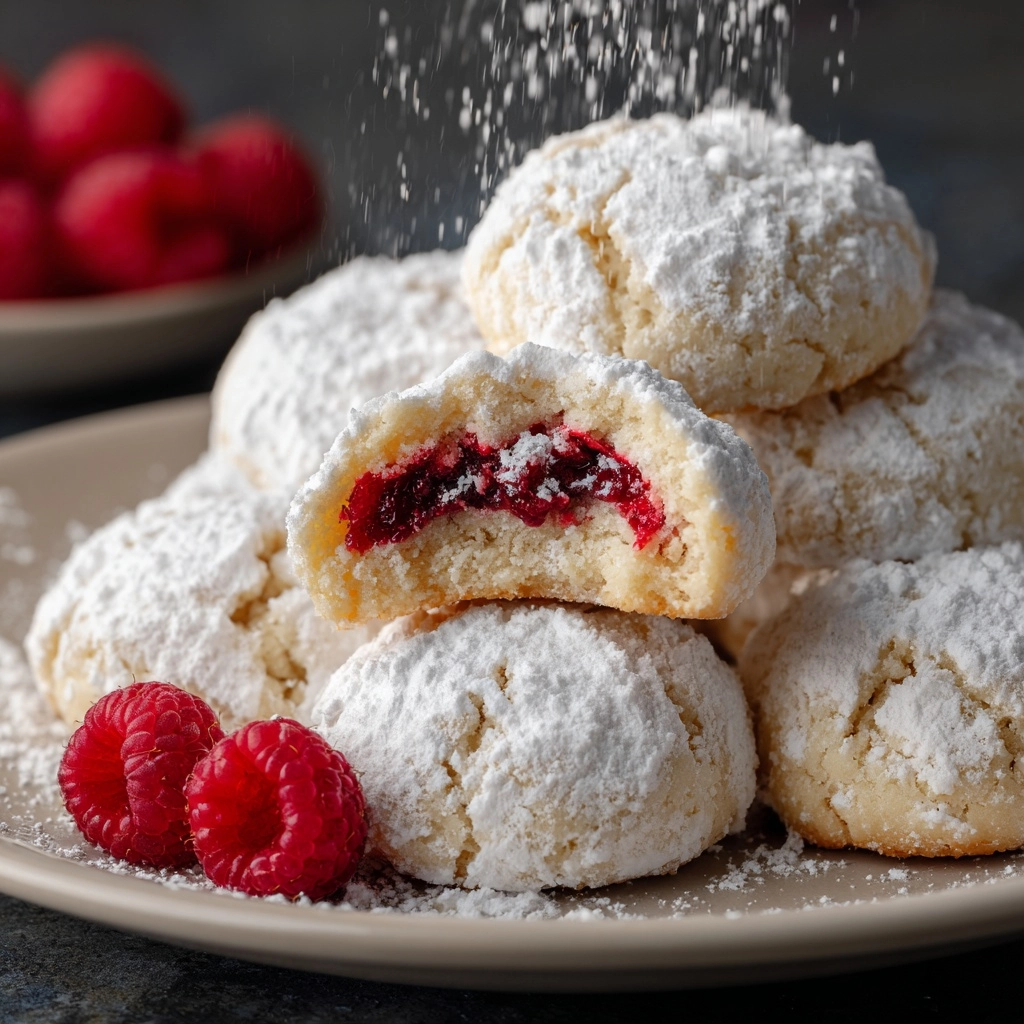 Raspberry Filled Almond Snowball Cookies Recipe - Recipe Image