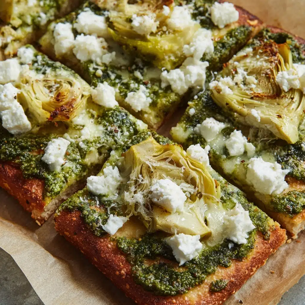Green Pizza with Pesto, Feta & Artichokes Recipe - Recipe Image