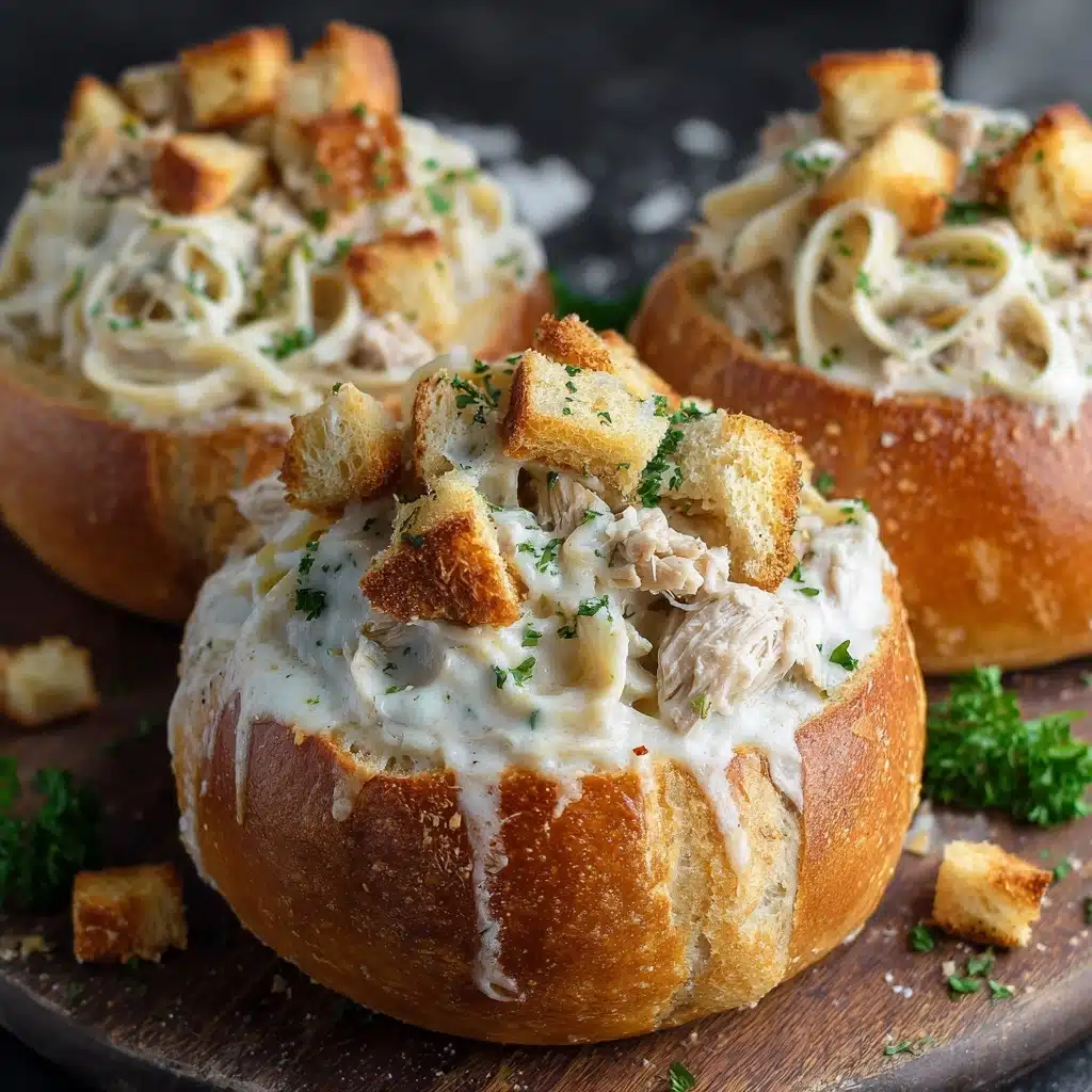 Chicken Alfredo Garlic Bread Bowls Recipe - Recipe Image
