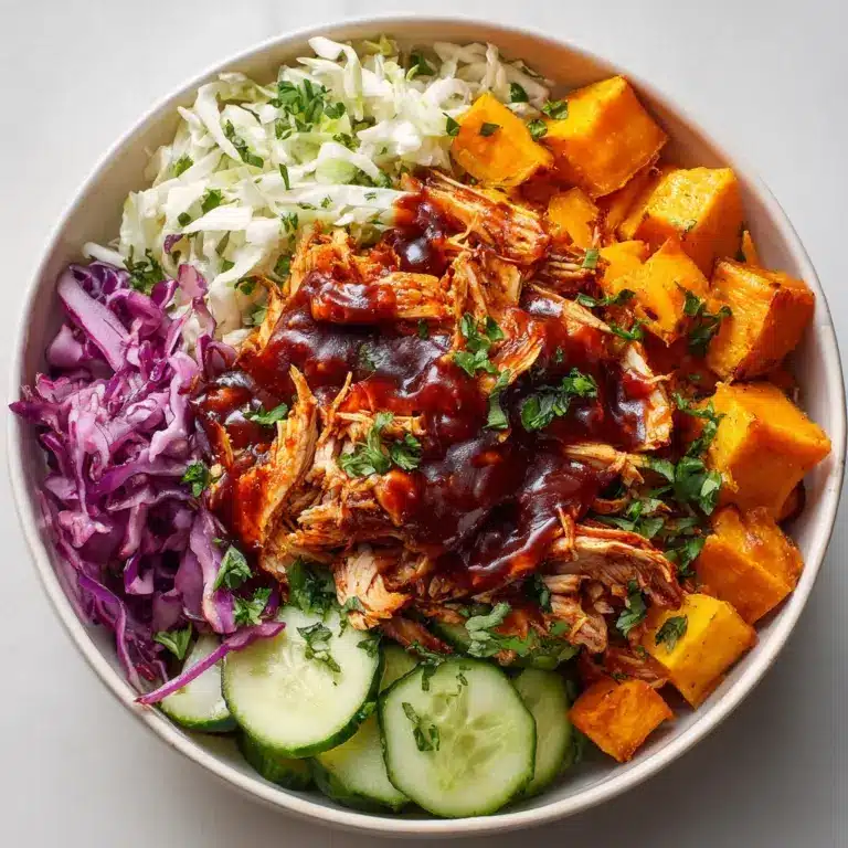 BBQ Chicken Bowls with Sweet Potatoes, Coleslaw, and Pickles Recipe